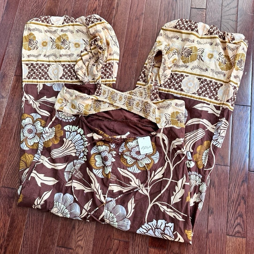 Free People Bali Albright Wide Leg Jumpsuit in Coffee Combo Brown Tan NWT Medium - Picture 5 of 11